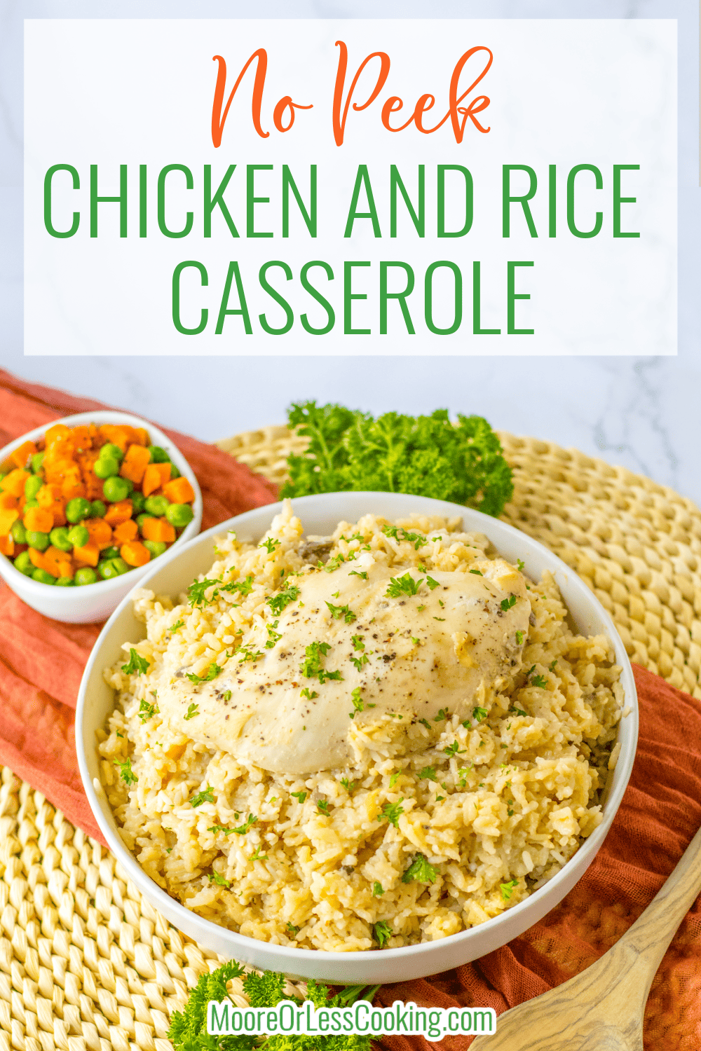 A handful of ingredients produces a savory chicken dinner full of fluffy rice and tender chicken snuggled in a rich sauce. Just stir together the ingredients, pour them into the casserole dish, layer on the chicken, cover, and bake. via @Mooreorlesscook