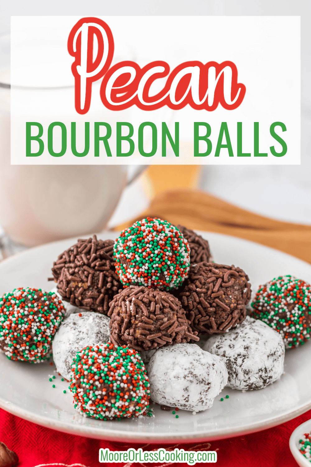 Pecan Bourbon Balls – dangerously delicious!! I could eat the whole batch! These irresistible Pecan Bourbon Balls are the boozy sweet treat that comes together in just minutes, perfect for holiday parties, tailgating, snacks, or homemade gift giving. Chocolate, nuts, sugar, and bourbon make these bite-sized dessert truffles the easiest no-bake effort of the season! Can swap maple syrup for the Bourbon for a kid-friendly alcohol-free treat! A MUST for your holiday cookie tray! via @Mooreorlesscook