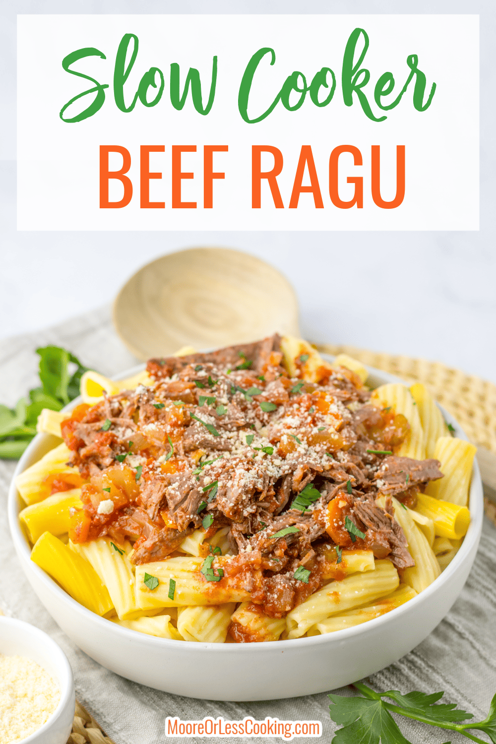 This Slow Cooker Beef Ragu simmers all day for a hearty and satisfying meal that your family will love. It's full of beef that's slow-cooked to tenderness in a tomato base full of herbs and spices before being served over pasta. via @Mooreorlesscook