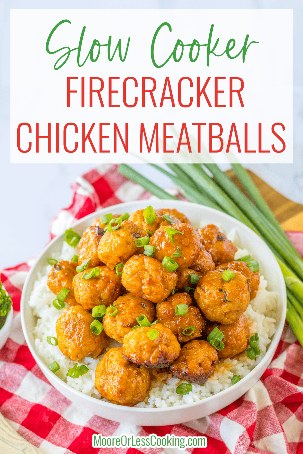 Tender and outrageously flavorful, these Slow Cooker Firecracker Chicken Meatballs are cooked to succulent deliciousness in just a few hours. They're an easy and versatile recipe for a main meal or to serve as an appetizer. via @Mooreorlesscook