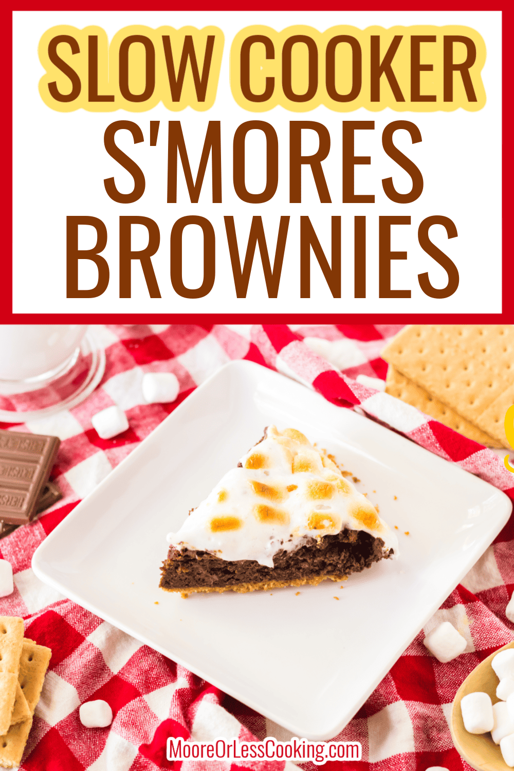 Homemade graham cracker crust base filled with a brownie batter and layers of chocolate with Hershey bars topped with melty puffy marshmallows. via @Mooreorlesscook