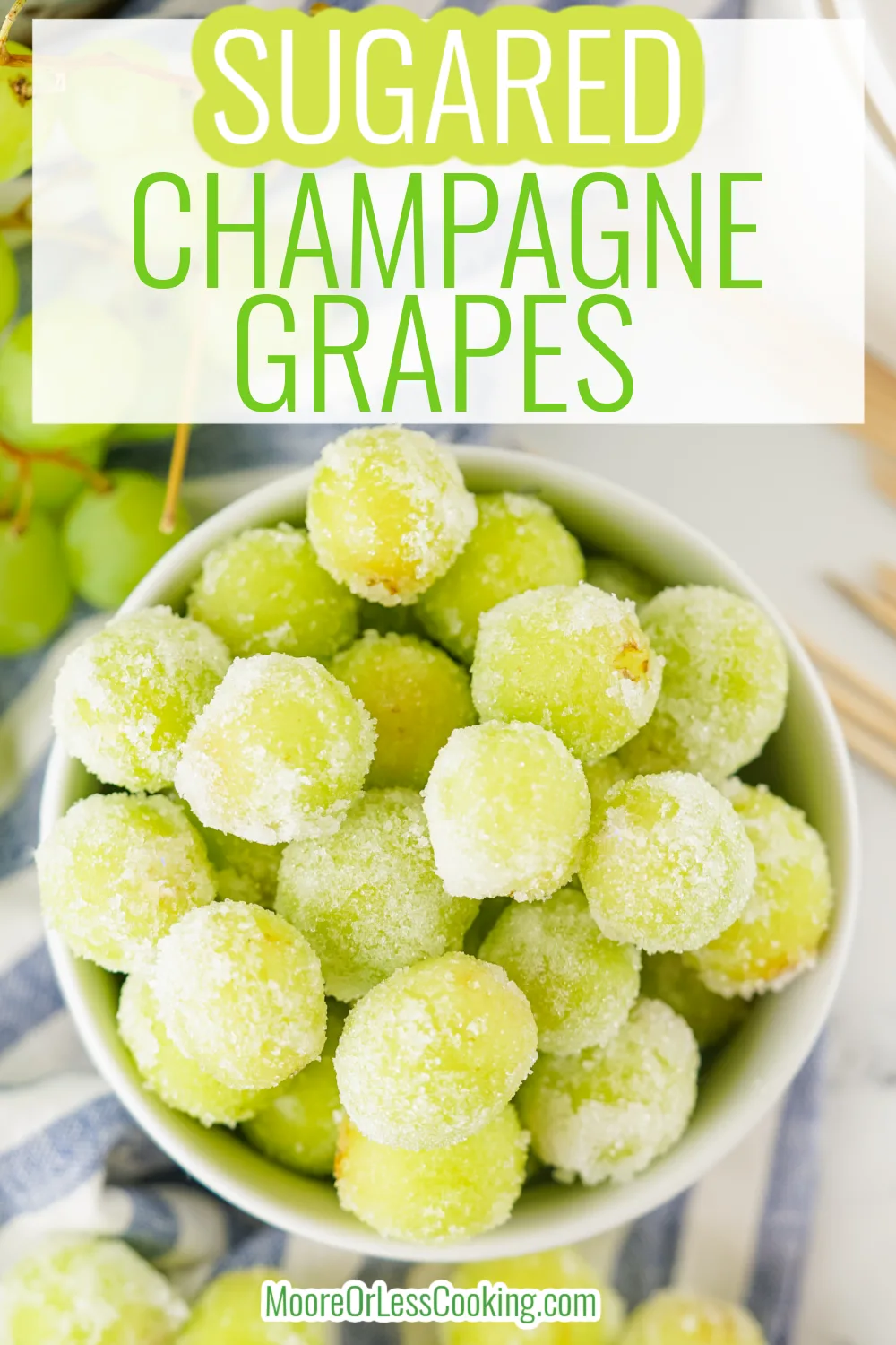 You'll love how simple it is to make these Sugared Champagne Grapes - they need just 3 ingredients! They're a make-ahead effort because the seedless grapes need to soak in the champagne overnight. Then, just roll them in sugar and freeze for a few hours to let the sugar crystallize. Serve these beautiful grapes on your holiday table and watch them disappear in a flash! via @Mooreorlesscook