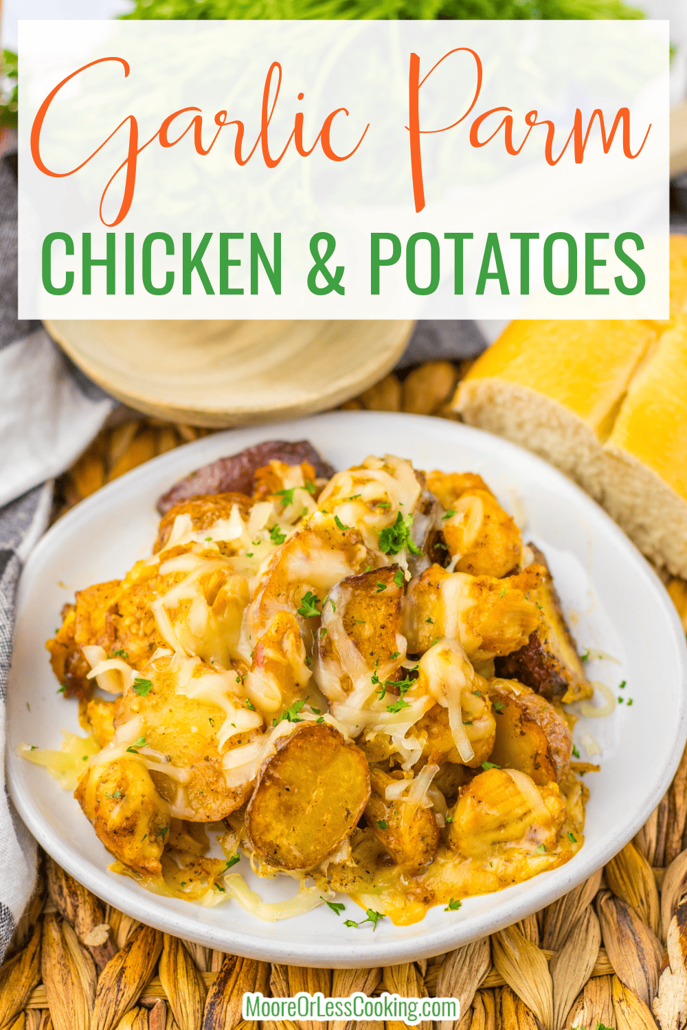 Flavorful chicken tenderloins and crispy roasted potatoes are coated with a garlic parmesan sauce, and covered in melted cheese. via @Mooreorlesscook