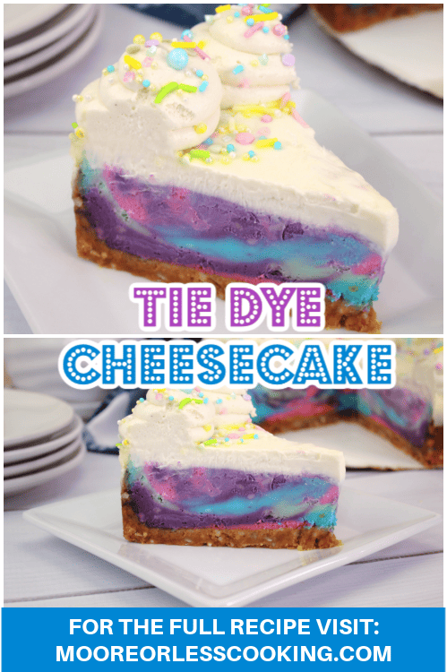 Sitting on a golden Oreo crust is a delectable Tie Dye Cheesecake that's beautifully swirled in shades of pastel and coated with a sour cream topping before being decorated with whipped cream and sprinkles. It's the perfect showstopper of a dessert for Easter or any springtime celebration! via @Mooreorlesscook