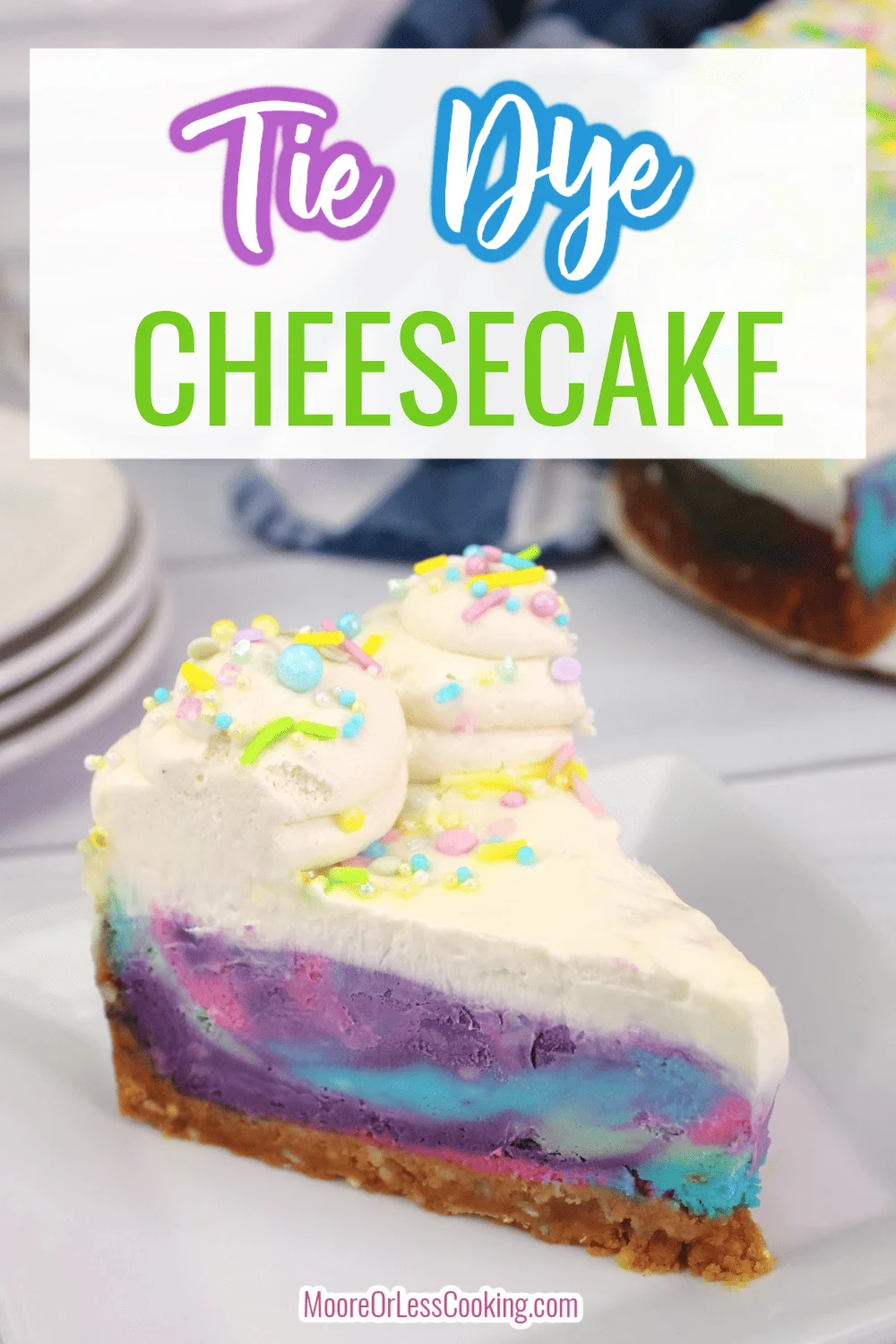 Sitting on a golden Oreo crust is a delectable Tie Dye Cheesecake that's beautifully swirled in shades of pastel and coated with a sour cream topping before being decorated with whipped cream and sprinkles. It's the perfect showstopper of a dessert for Easter or any springtime celebration! via @Mooreorlesscook