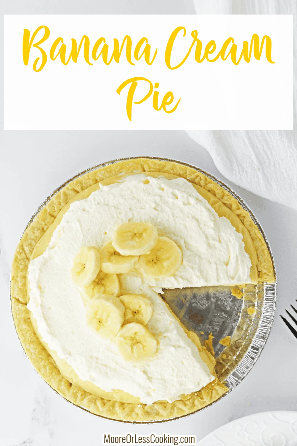 Your family will love this easy Banana Cream Pie with a made-from-scratch custard that is absolutely scrumptious! The pie crust holds a mound of ripe banana slices topped with a creamy and sweet vanilla custard. Crown it with a generous topping of whipped cream and more banana slices and serve this chilled dessert to rave reviews! via @Mooreorlesscook