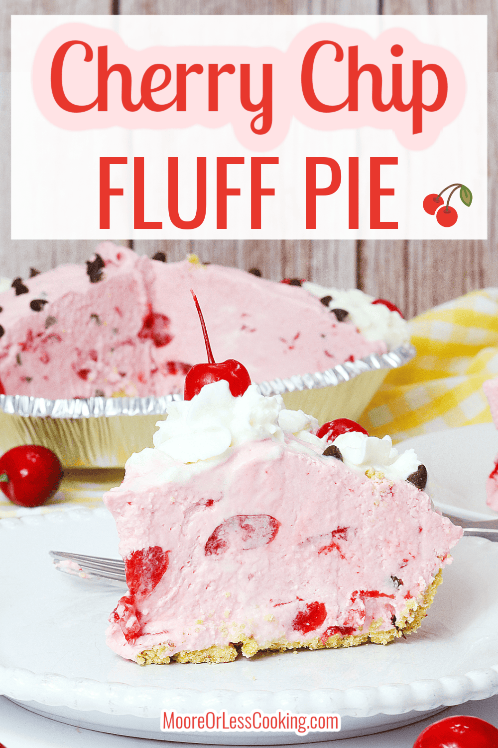 It's got a crunchy crust, and a light, thick, fluffy filling, with sweet chocolate chips and Maraschino Cherries to top it off. It's almost like your favorite ice cream sundae all wrapped up in a scrumptious piece of pie. via @Mooreorlesscook