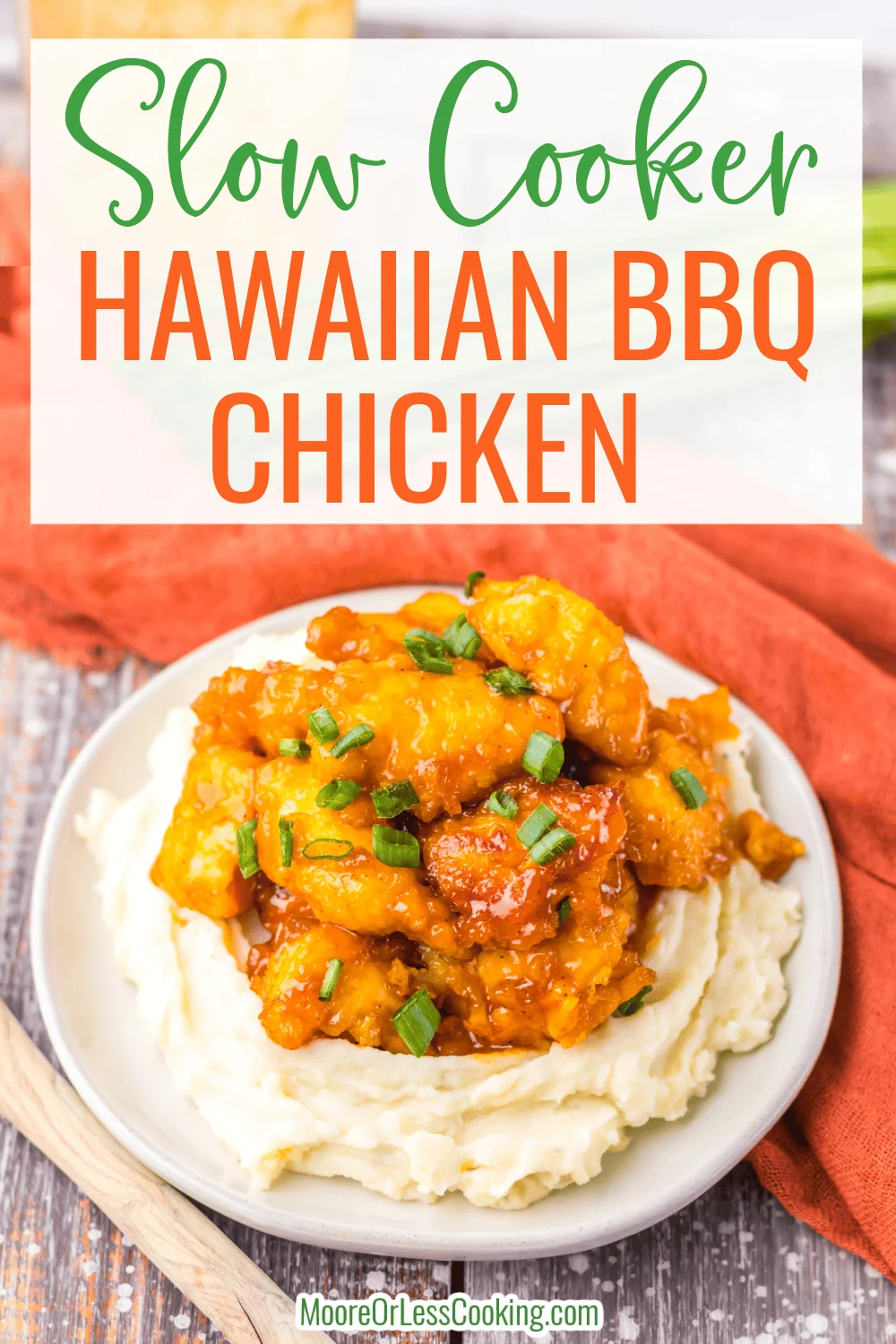 This Slow Cooker Hawaiian BBQ Chicken is such a delicious dinner that comes together in no time. Tempura fried chicken pieces are slow cooked in a sweet and savory sauce of bbq sauce, pineapple juice and brown sugar until nice and glazed. The saucy chicken is perfect over rice or mashed potatoes. This is a family friendly crowd pleaser. via @Mooreorlesscook