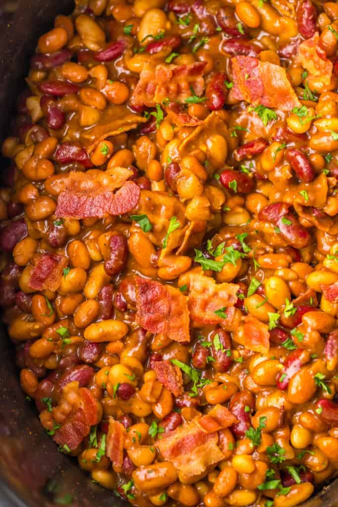 Slow Cooker Dr. Pepper Baked Beans 
in the slow cooker