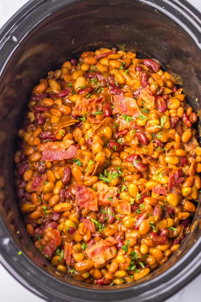 Slow Cooker Dr. Pepper Baked Beans in a crock pot
