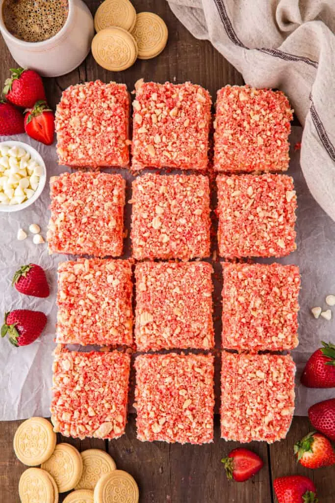 Strawberry Crunch Brownies sliced ready to serve