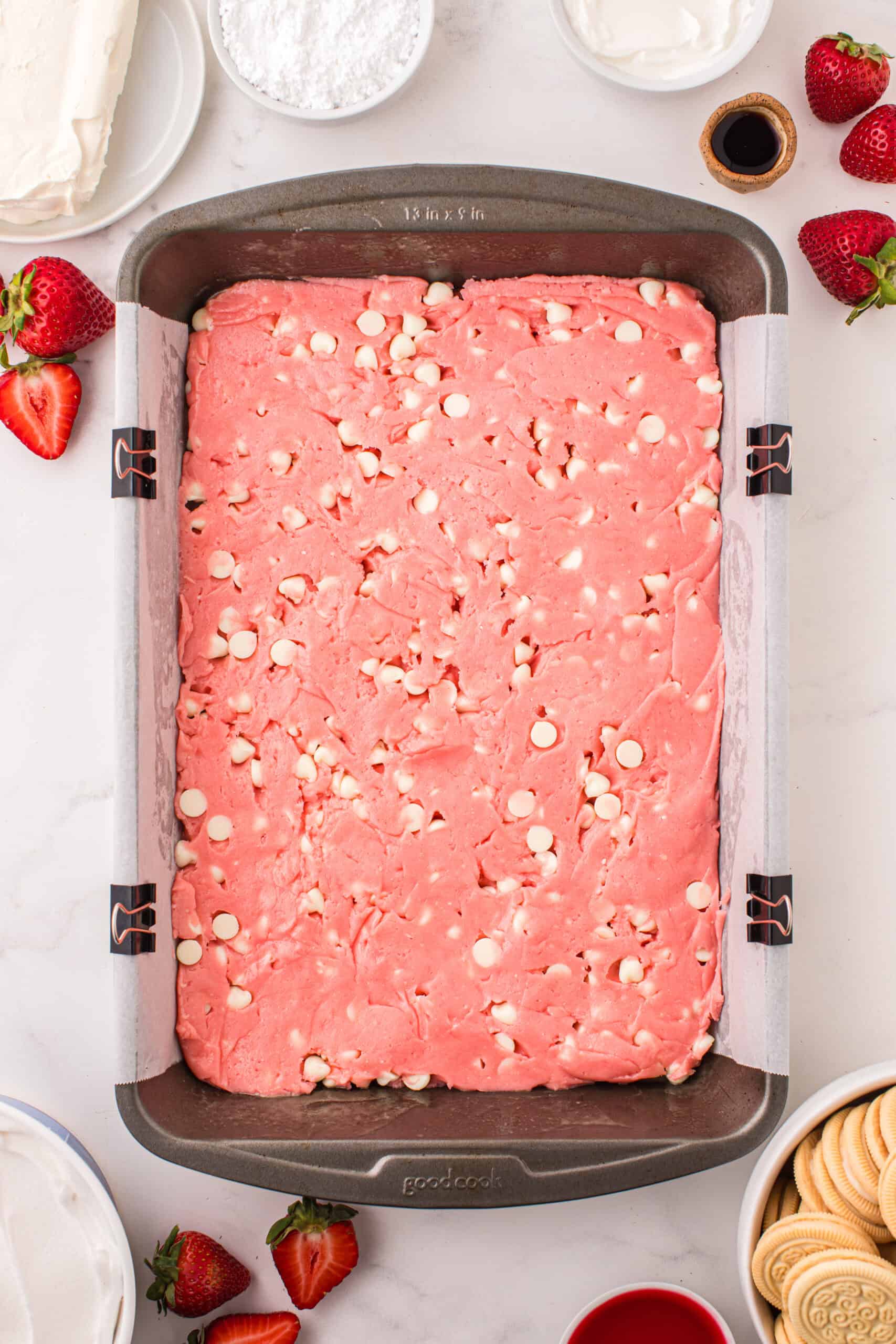 Strawberry Crunch Brownies- spread into a pan