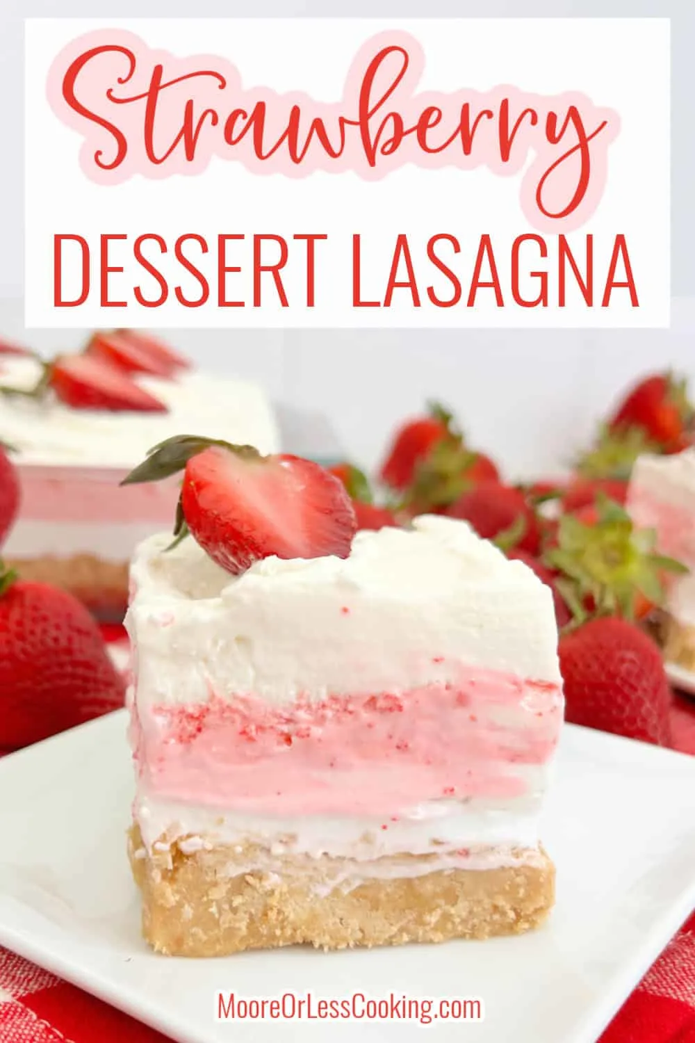 Layers of sweet, creamy and fruity ingredients are what make this Strawberry Dessert Lasagna a delightful crowd pleaser. The buttery Oreo crust is slathered with dreamy and sweet cream cheese that's followed by a fruity strawberry layer before being crowned with a fluffy layer of whipped topping and garnished with ruby red strawberries for a lush finish. via @Mooreorlesscook