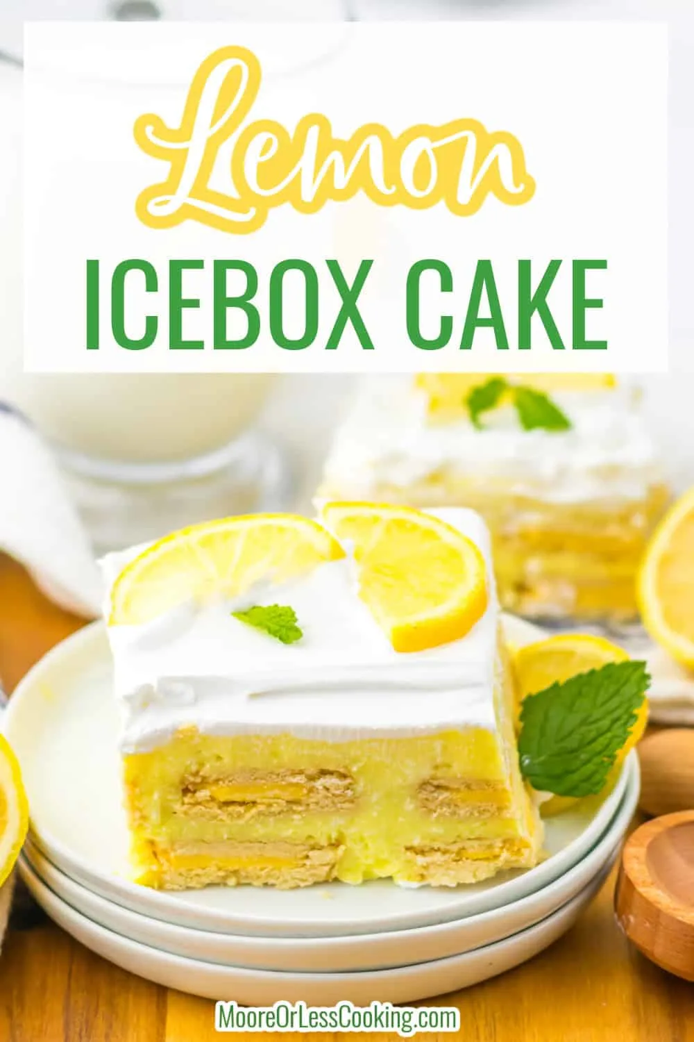 Lemon Icebox Cake is the perfect desert for the season! It is filled with a luscious and bright lemon cream cheese filling sandwiched between lemon cream filled cookies and topped with whipped cream. This is a no bake dessert and perfect for warmer weather. via @Mooreorlesscook
