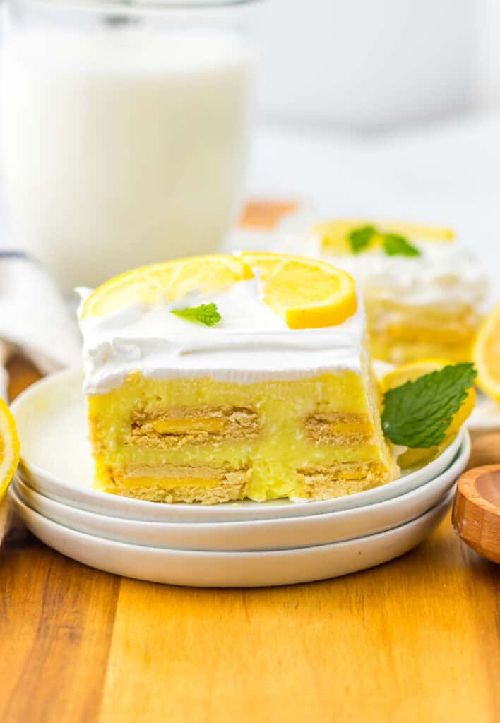 Lemon Icebox Cake  served 2 servings glass of milk