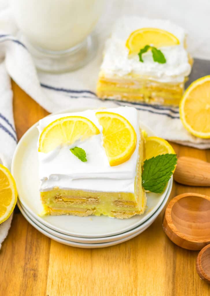 Lemon Icebox Cake two slices cake served