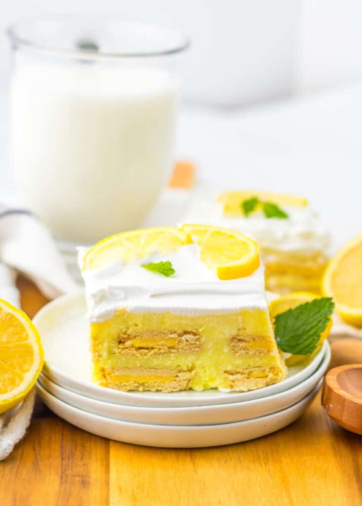 Lemon Icebox Cake served with glass of milk