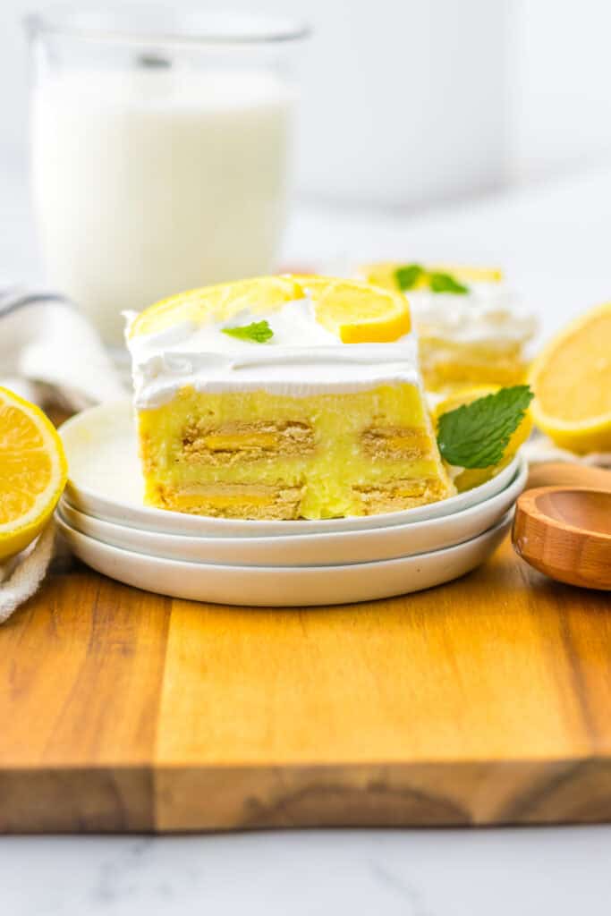 Lemon Icebox Cake served on white plate