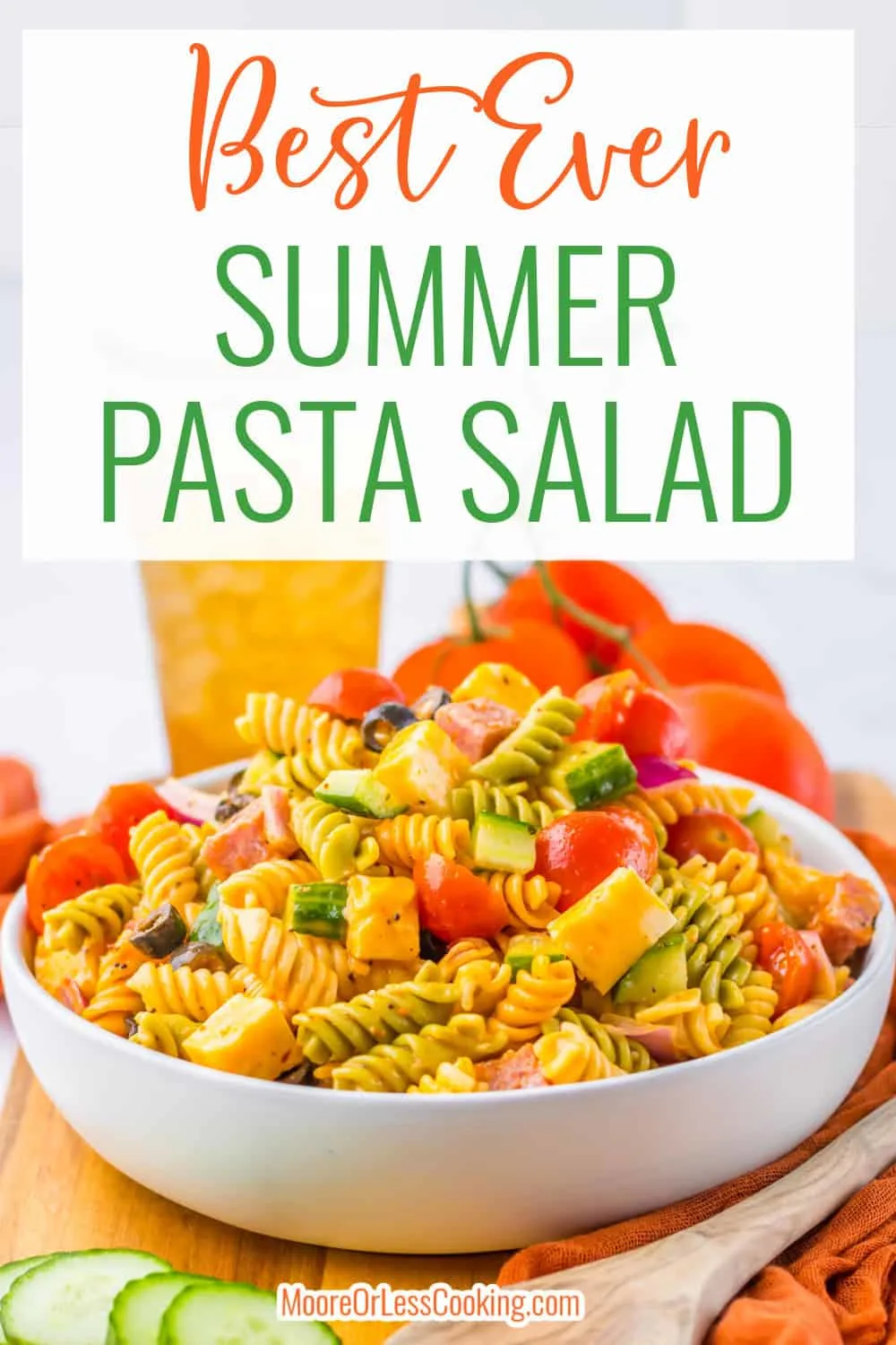 My Best Ever Summer Pasta Salad is loaded with succulent cherry tomatoes, refreshing cucumbers, crunchy red onion, briny black olives, buttery colby cheese and savory salami. The veggies and pasta are tossed with a tangy Italian dressing for the perfect finish to a spectacularly colorful and delicious salad. via @Mooreorlesscook