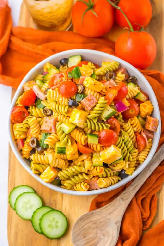 best pasta salad overhead shot