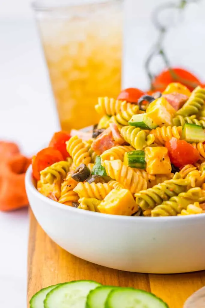 pasta salad in white bowl