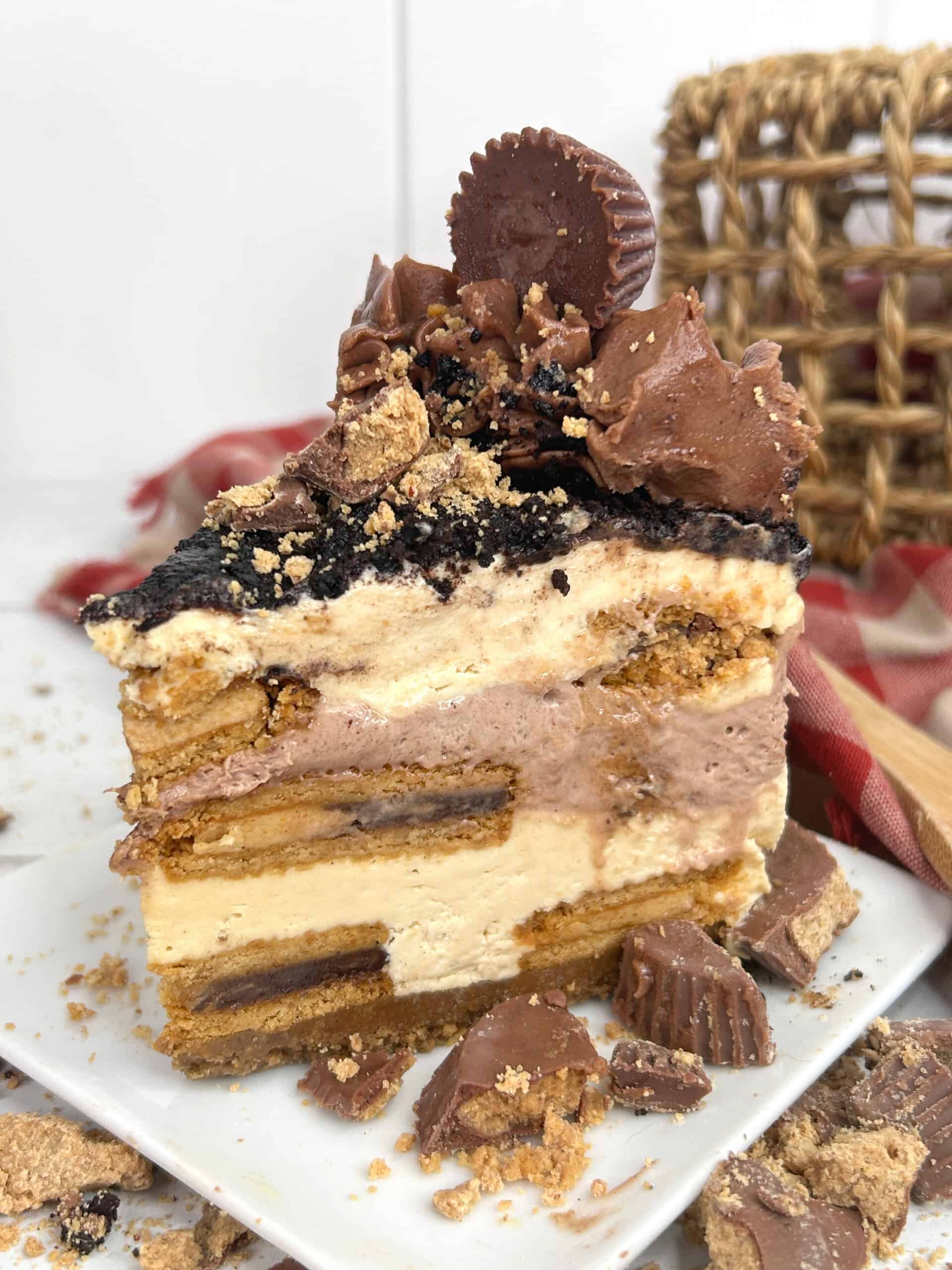 close up slice Reese’s Peanut Butter Chocolate Icebox Cake