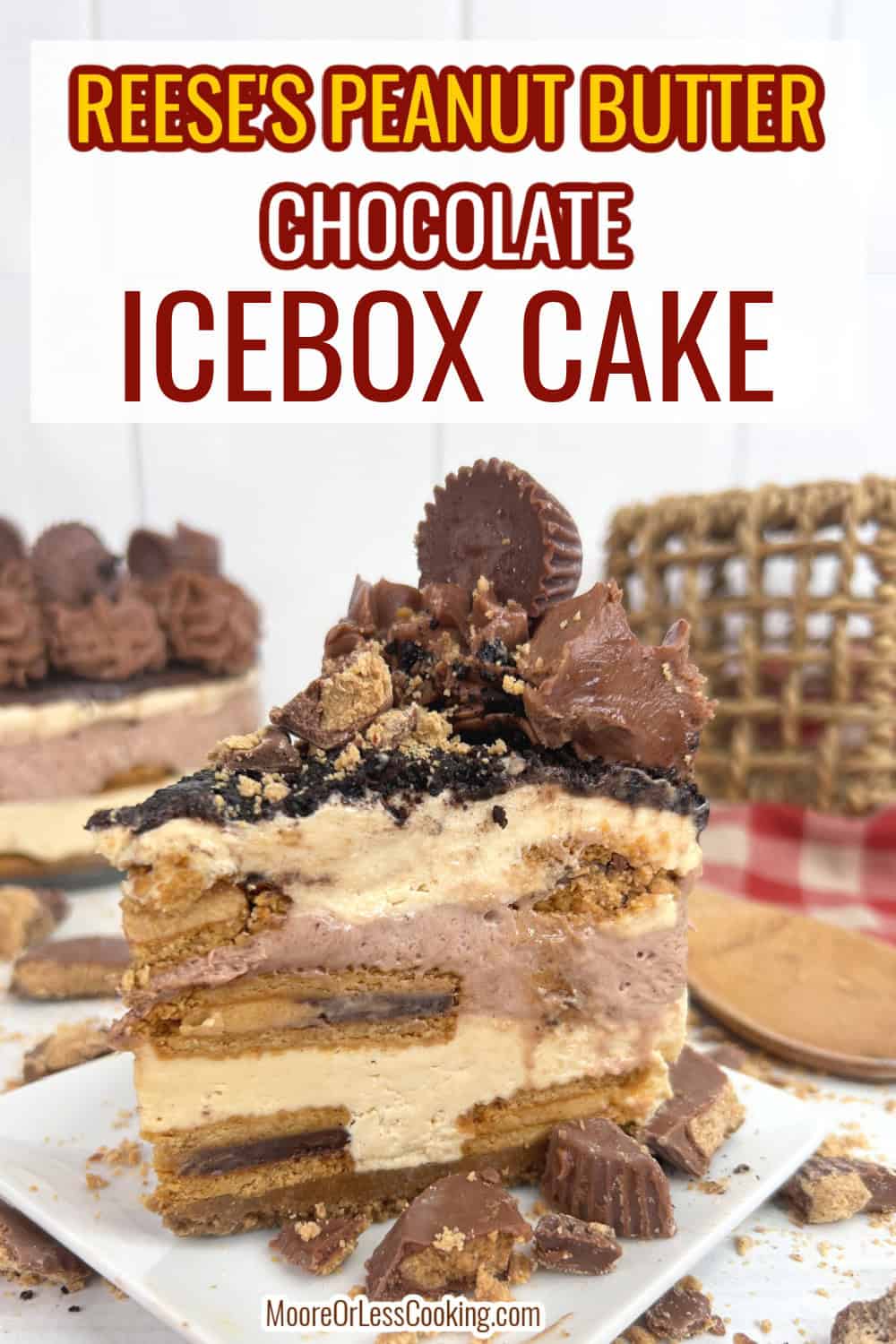 Get ready to swoon when you take your first bite of this decadent no-bake Reese’s Peanut Butter Chocolate Icebox Cake! Layers of peanut butter cookies are sandwiched between fluffy mounds of creamy whipped chocolate and peanut butter mousse before being topped with mini Reese's cups that are drizzled with chocolate syrup. via @Mooreorlesscook