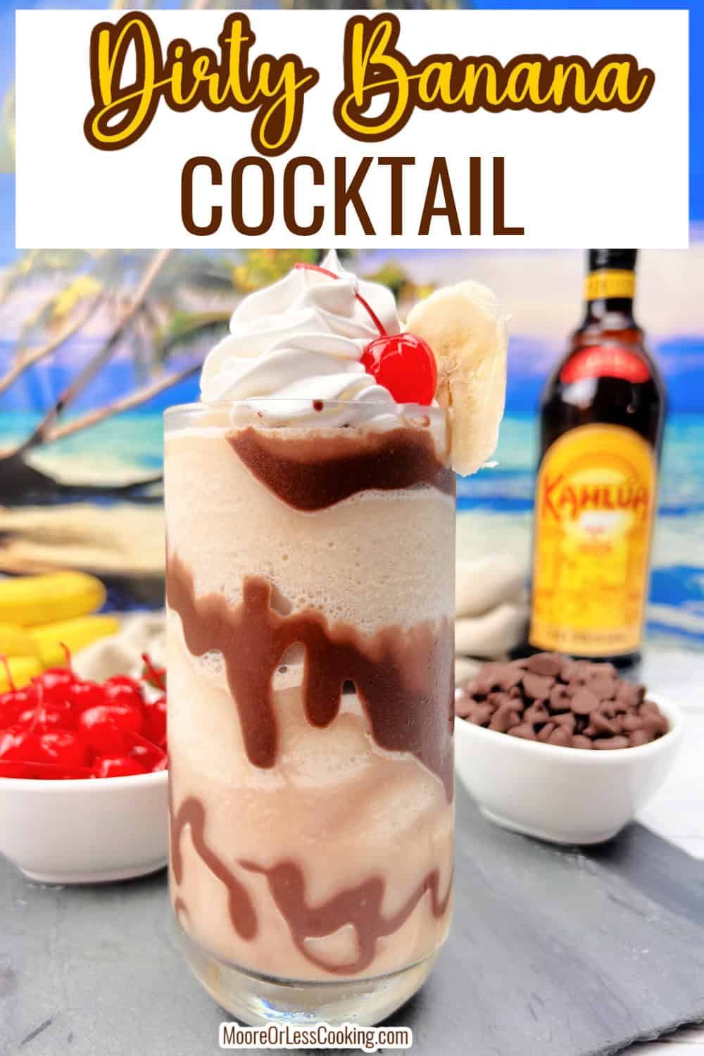 Indulge in a boozy Caribbean drink with this outrageously delicious Dirty Banana Cocktail. It's an easy blend of ice, bananas, thick coconut cream along with heavy cream, all spiked with vodka, Kahlua and rum. Garnish it with chocolate syrup, whipped cream, and of course, a maraschino cherry on top! via @Mooreorlesscook