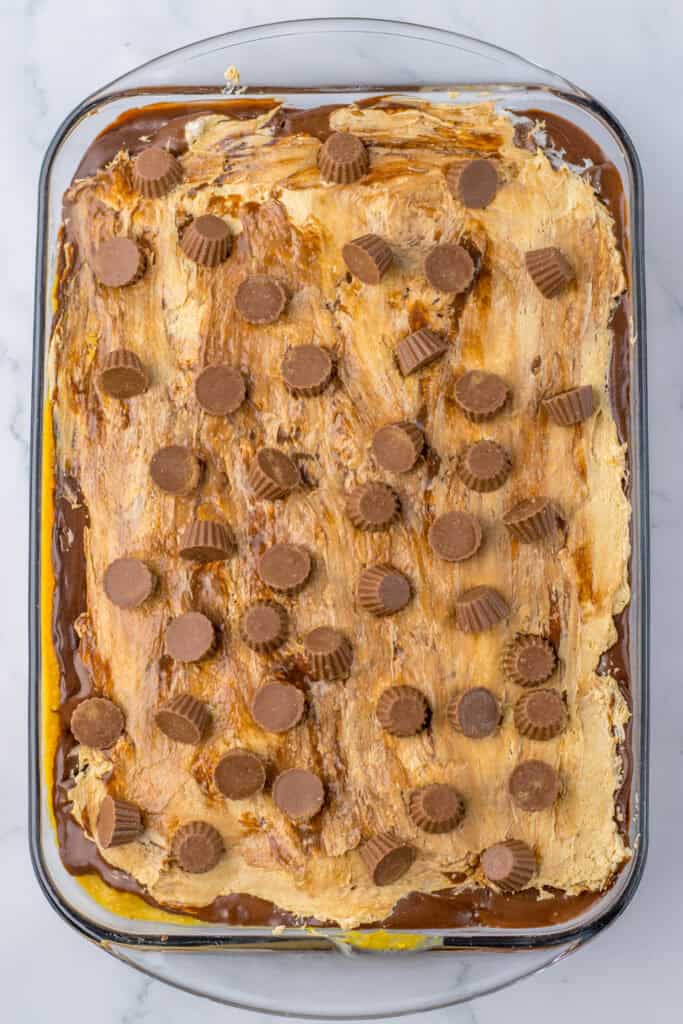 Peanut Butter Cup Poke Cake full cake before slicing