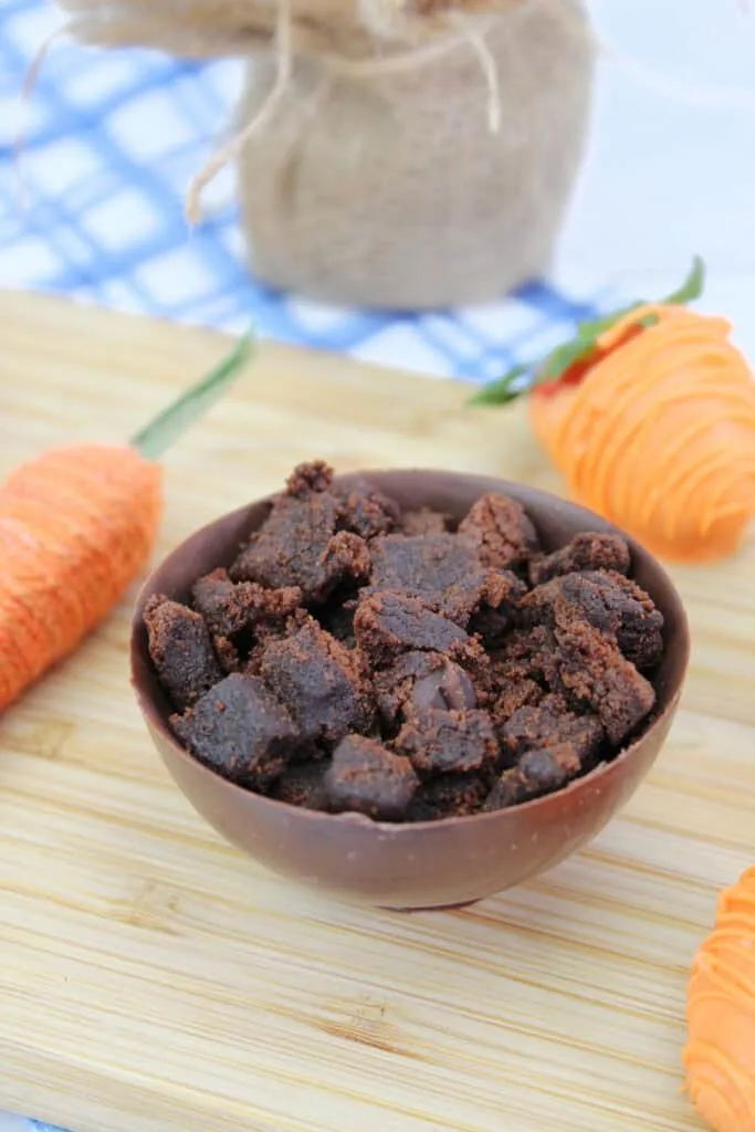 Carrot Patch Brownie with brownie chunks in chocolate bowl