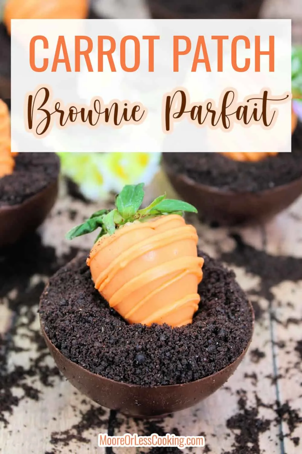 Perfect for Easter or springtime parties, these Carrot Patch Brownie Parfaits are an adorable and tasty treat. This is part recipe, part craft, and is easy enough that the kids can even help make and assemble these cute edibles! via @Mooreorlesscook