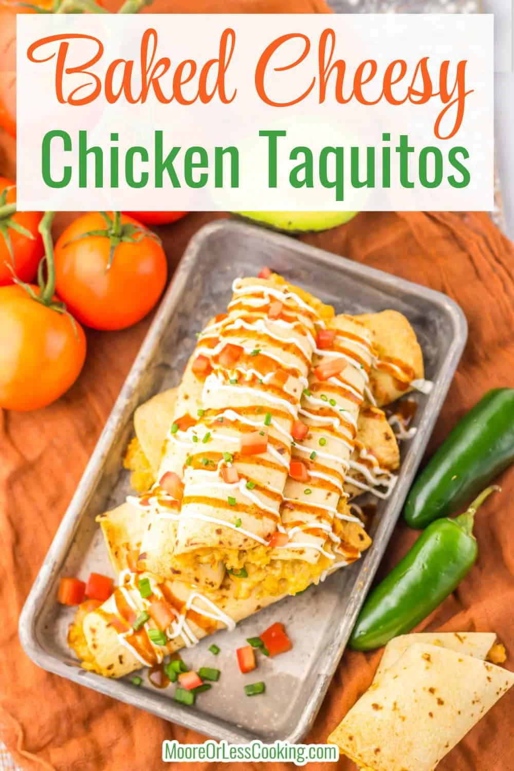 These Baked Cheesy Chicken Taquitos are one of my family’s favorite dinners! These are baked, easy to make and make the perfect freezer meal! The filling is a flavorful mix of shredded chicken, pepperjack cheese, green chiles, green salsa, and scallions. All rolled up into tortillas, they get baked until crispy and brown. Perfect for dipping in salsa or sour cream, these are always a hit! via @Mooreorlesscook