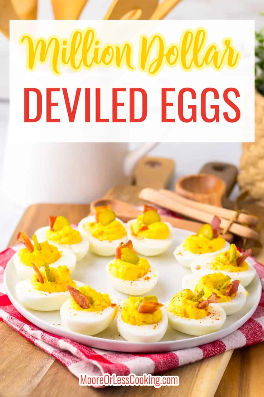 Deviled Eggs are always a hit and always disappear from the table first and this Million Dollar Deviled Eggs recipe is the best! It has a secret ingredient to really make these eggs rich and delicious! Topped with a pickle slice and bacon everyone will be asking you for the recipe! via @Mooreorlesscook