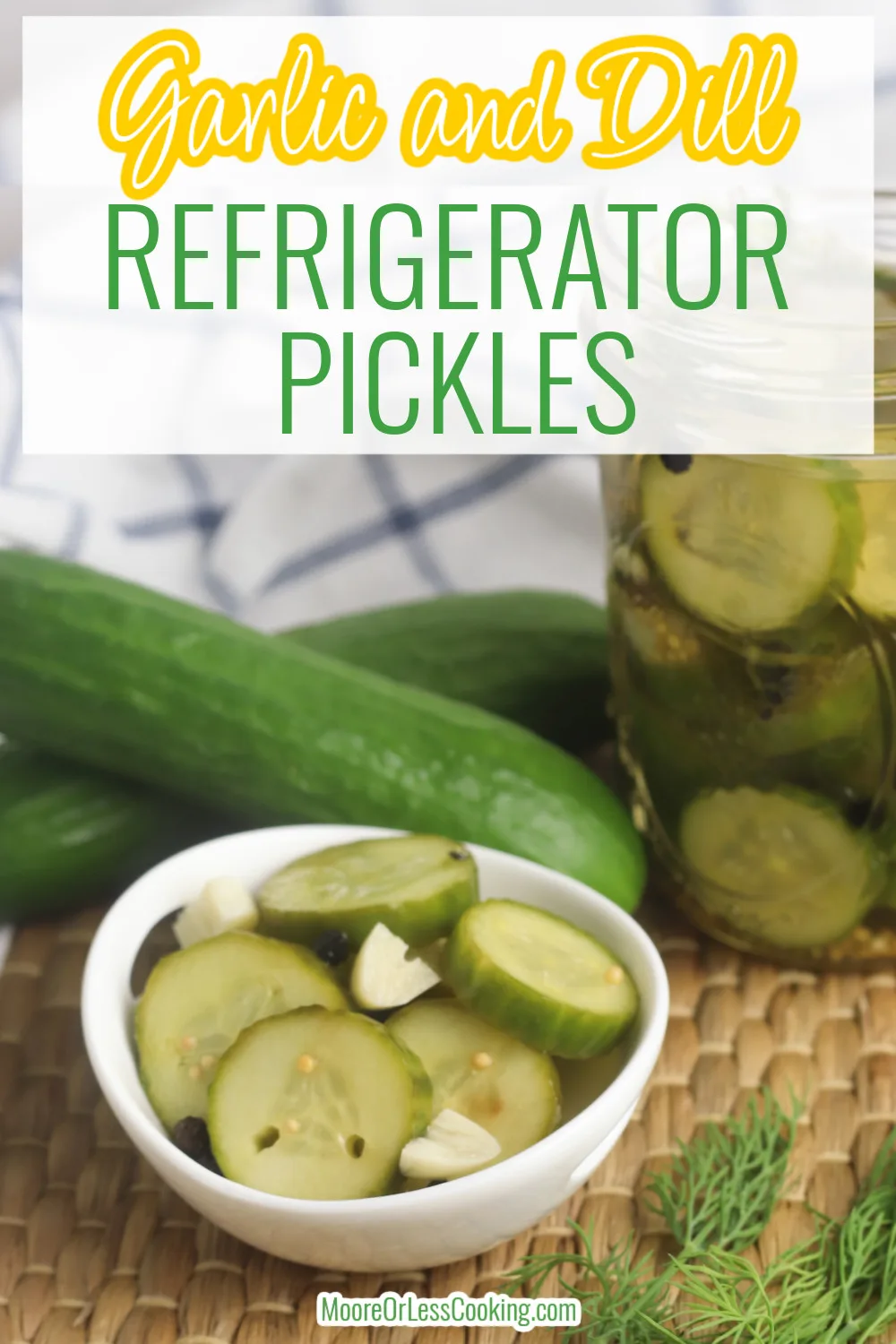These Garlic and Dill Refrigerator Pickles use a quick pickling method that allows a vinegar and salt brine to marinate the cucumbers in the fridge so that they turn into a tasty treat. The addition of garlic, dill, and other spices takes them over the top in the flavor department. Best of all? No canning equipment is needed for this quick recipe! via @Mooreorlesscook