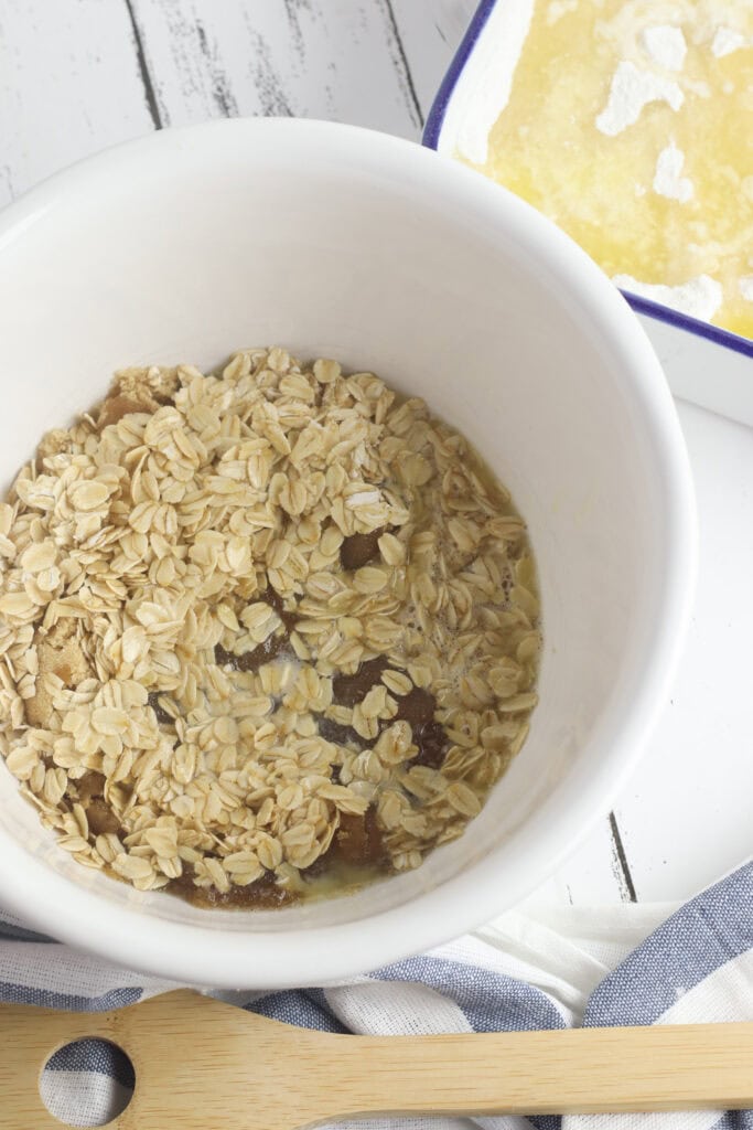 A bowl of oatmeal and a wooden spoon for the crisp