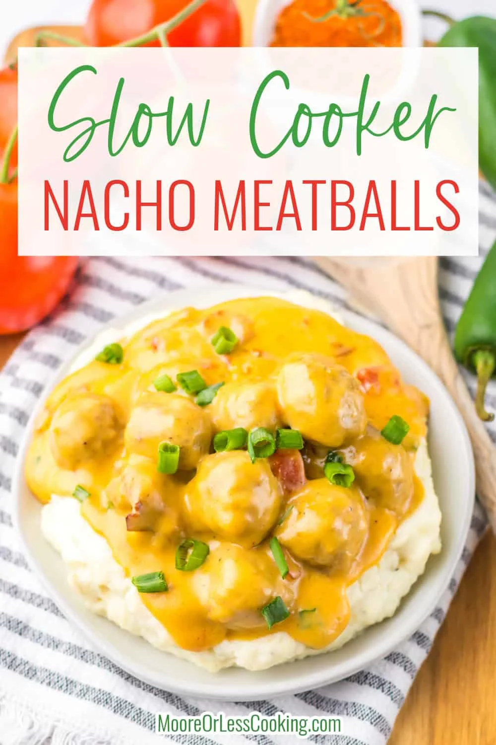 These Slow Cooker Nacho Meatballs are a family friendly dinner perfect for weeknights. Meatballs, velveeta cheese, taco seasoning and Rotel tomatoes combine to slow cook into a delicious dinner everyone loves. These also make a fabulous crowd pleasing appetizer. via @Mooreorlesscook