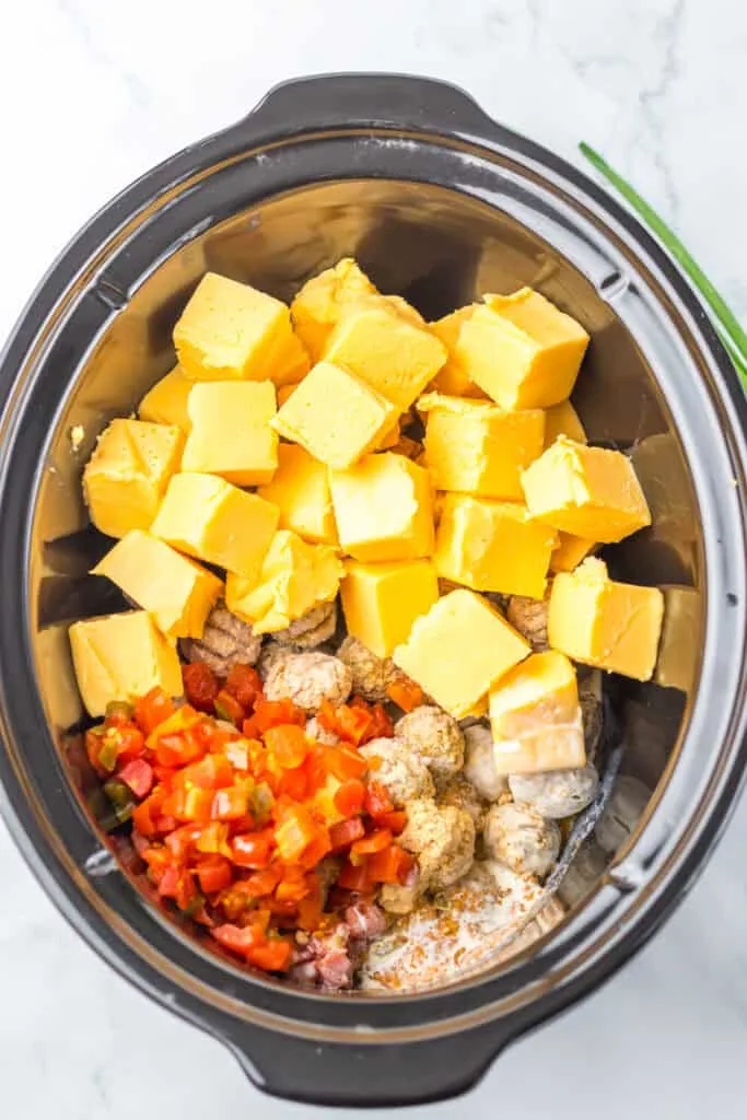 Ingredients for the slow cooker meatballs and cheese.