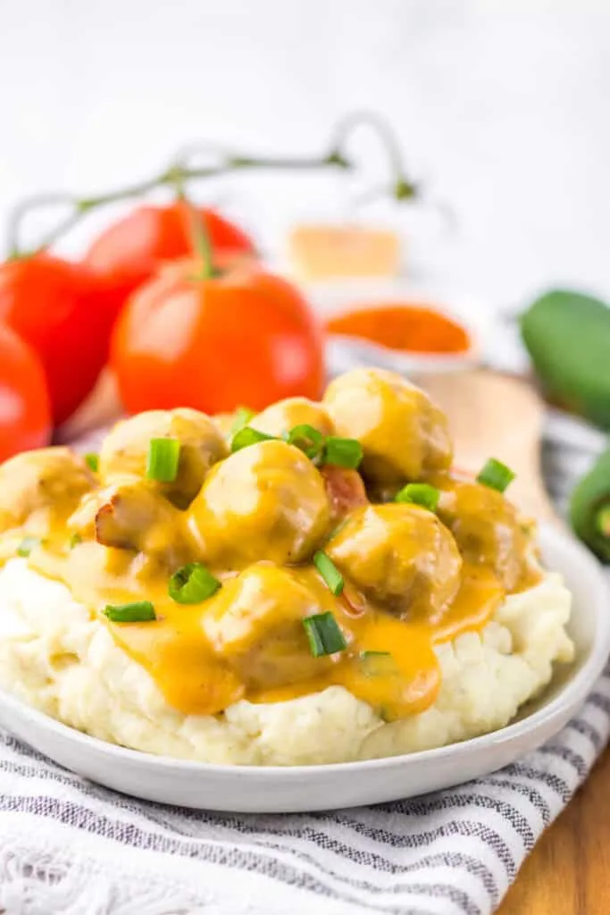 Meatballs over mashed potatoes