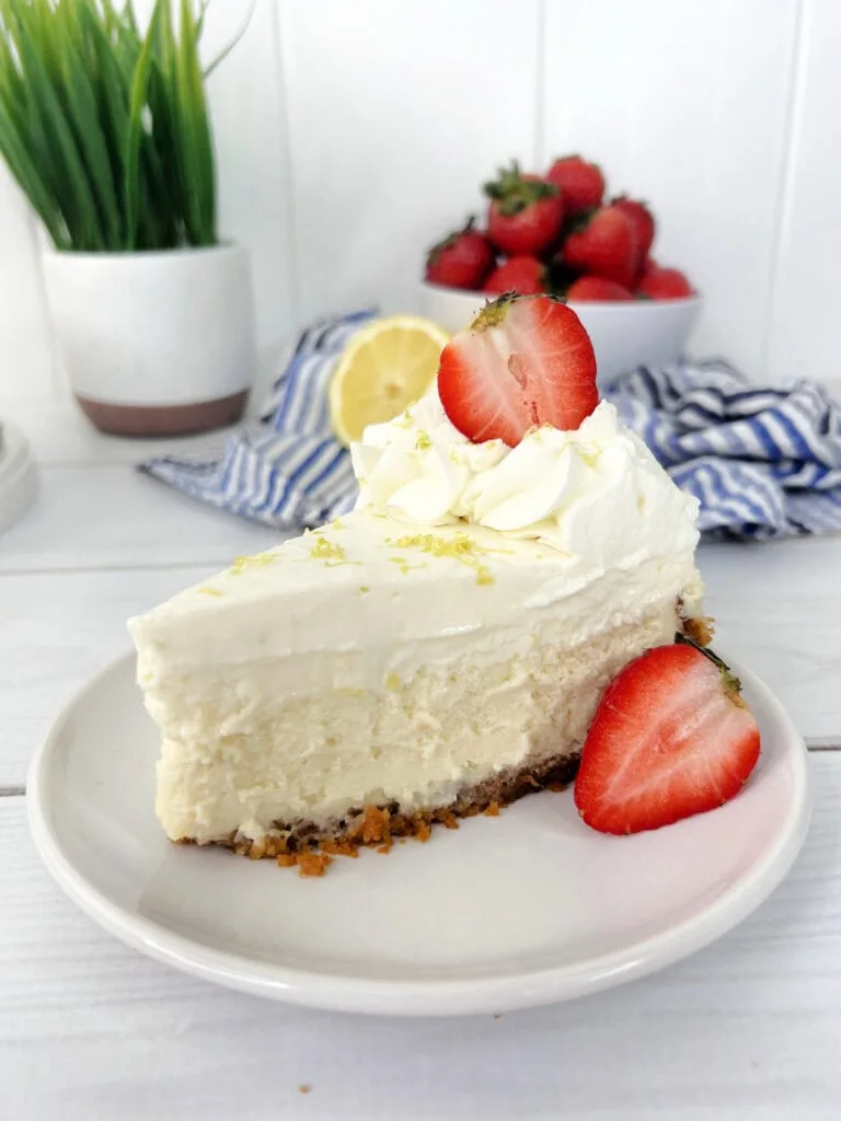 slice of lemon cheesecake on white plate