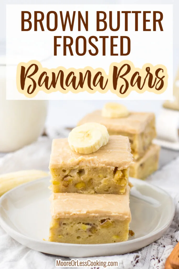 pin brown butter frosted banana bars sliced and stacked