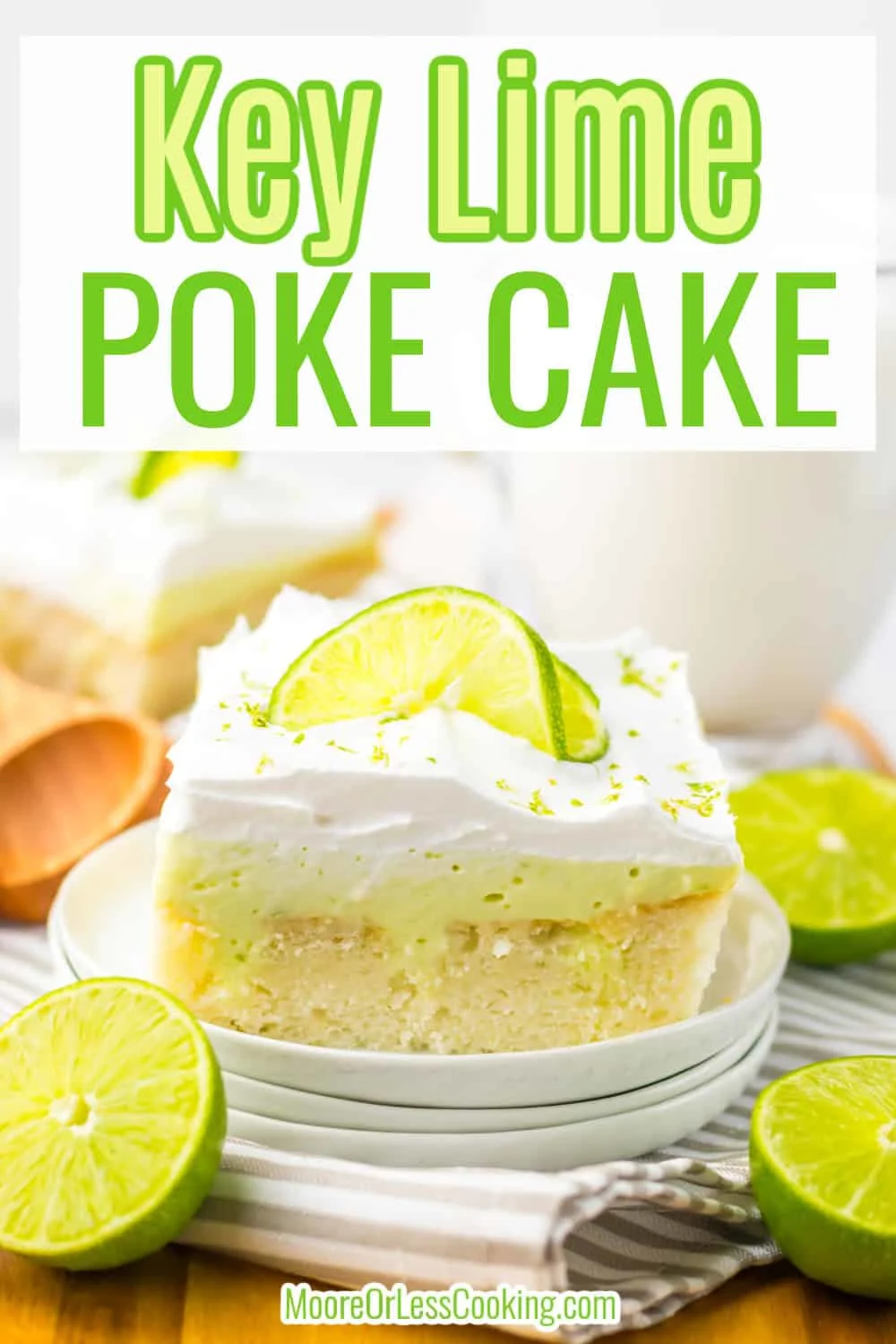 This Key Lime Poke Cake is the ultimate refreshing dessert. Fluffy white cake is poked and filled with a luscious, tangy, creamy key lime filling made of lime juice, sweetened condensed milk and heavy cream. The whole cake is topped with whipped cream and lime zest. This cake is cool, creamy and full of flavor. via @Mooreorlesscook