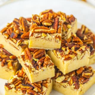 Butter pecan fudge with chopped pecans on top.