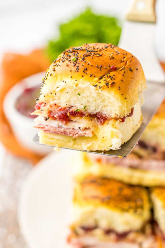 Savory roll with ham, turkey, cheese, and cranberry sauce, topped with poppy seeds, on a silver spatula.