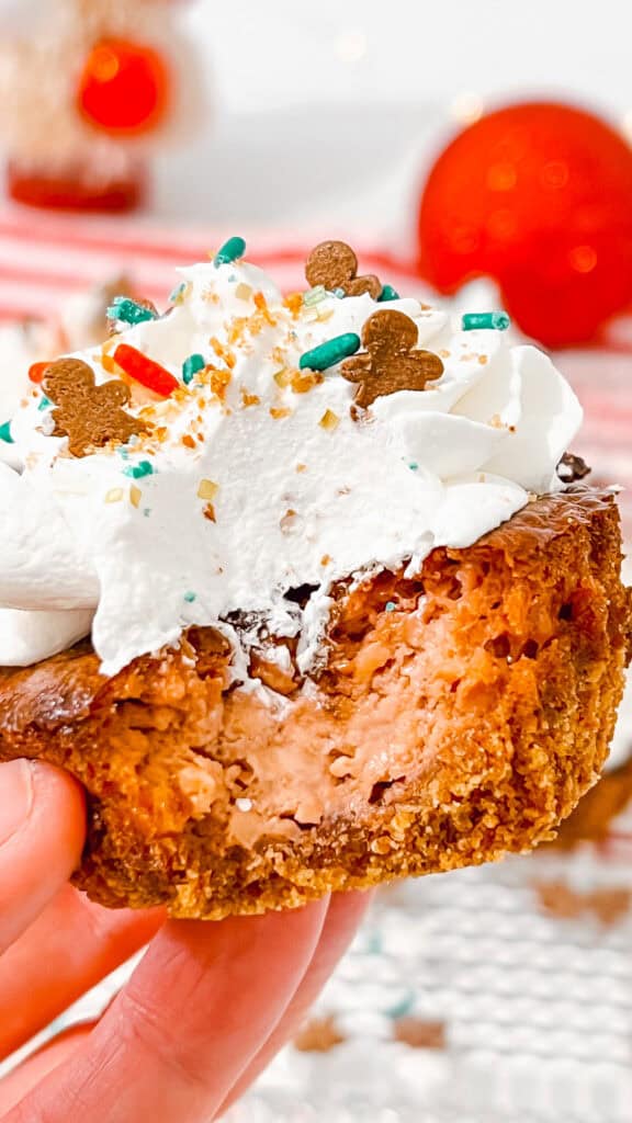 Gingerbread Cheesecake Bites with whipped cream, sprinkles, and gingerbread cookies.