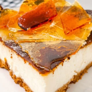 Creamy cheesecake with caramel topping, delicious dessert recipe from Moore or Less Cooking.