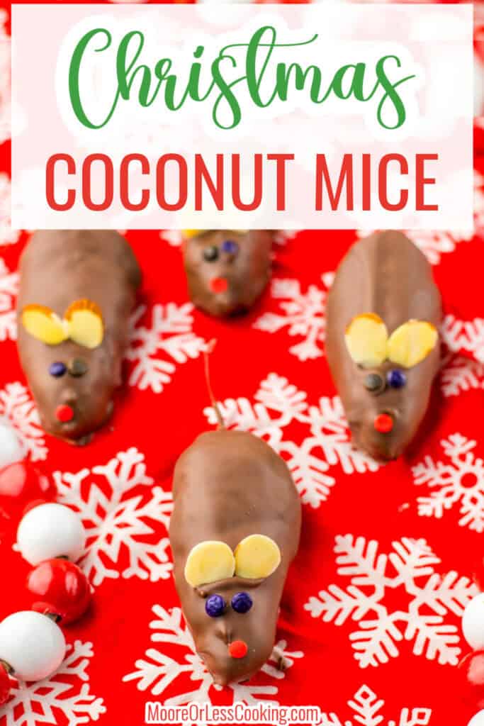 Mini chocolate coconut reindeer cookies for Christmas holiday treats. Easy recipe with chocolate, coconut, and colorful candy decorations.