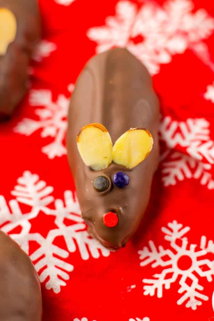 Chocolate mouse Christmas treat for kids, decorated with candy eyes, nose, and antlers, perfect for holiday celebrations.