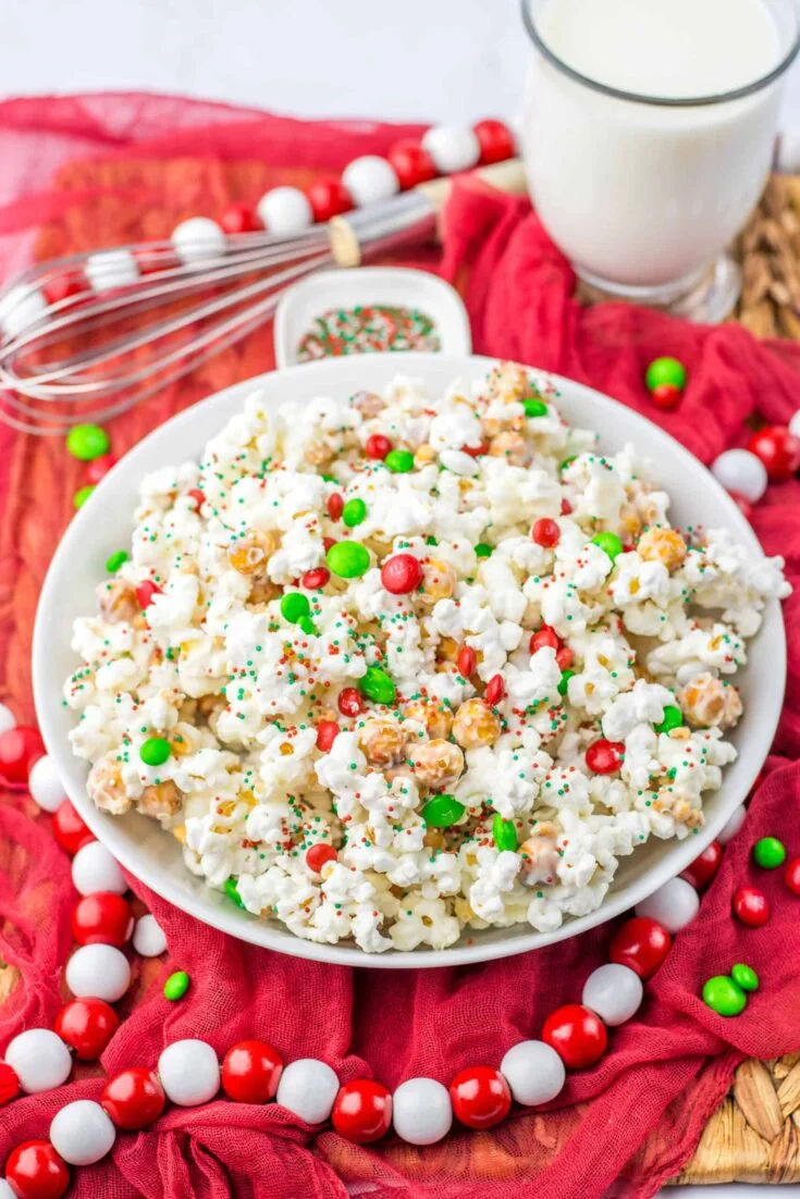 bowl of Christmas Popcorn red cloth