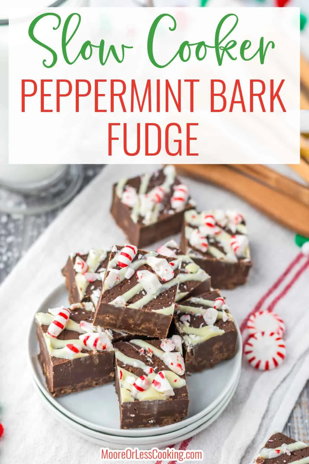 A no-bake delight made from chocolate, milk, and peppermint. Make the holidays sweeter with Slow Cooker Peppermint Fudge. via @Mooreorlesscook