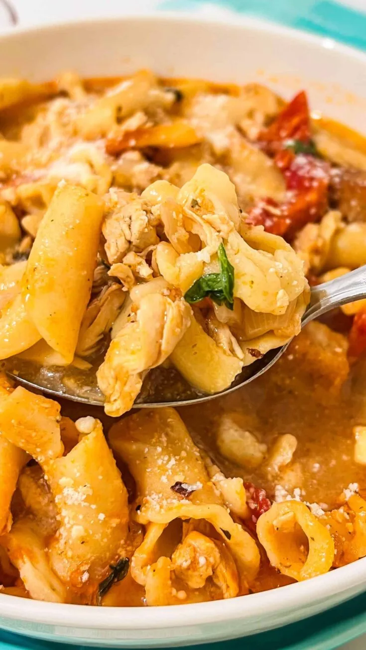 Delicious chicken pasta soup with tomatoes, cheese, and herbs in a vibrant, savory dish.